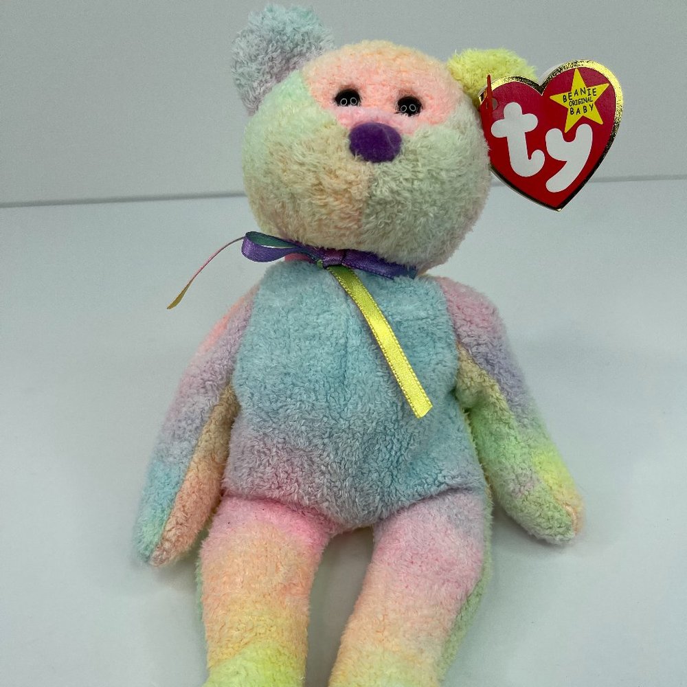 Ty Beanie Baby Groovy the Tie Dye Bear Plush 1999 + Heart Tag, Great Condition